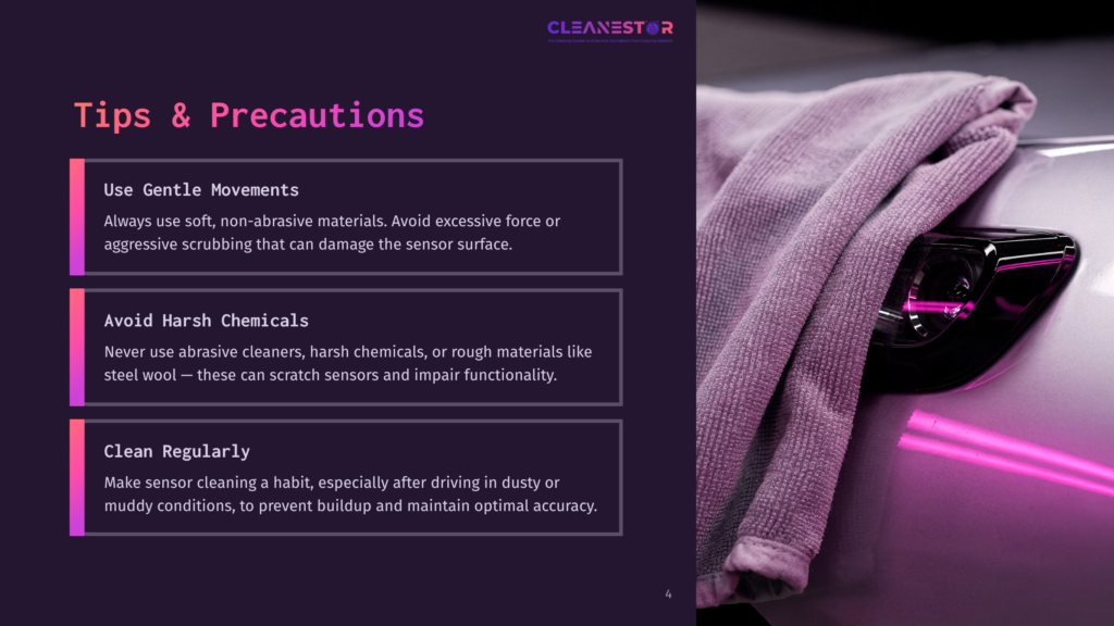 4 Tips And Precautions 2 Close-Up Of A Soft, Purple Microfiber Cloth Gently Wiping A Car'S Rear Sensor, With Neon Pink Lights Reflecting On The Vehicle'S Surface. Text Overlays Include &Quot;Tips &Amp; Precautions&Quot; And &Quot;Cleanestor&Quot;.