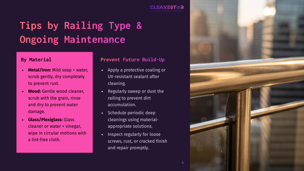 Close-Up Of A Modern Metal And Glass Railing On A Balcony At Sunset, With Text Overlay Detailing Cleaning Tips For Different Railing Materials Like Metal, Wood, And Glass.