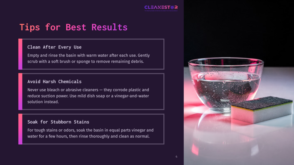 Cleanestor Logo And Text Tips For Best Results: Clean After Every Use, Avoid Harsh Chemicals, Soak For Stubborn Stains. A Glass Of Water And A Cleaning Sponge Are On A Reflective Surface.