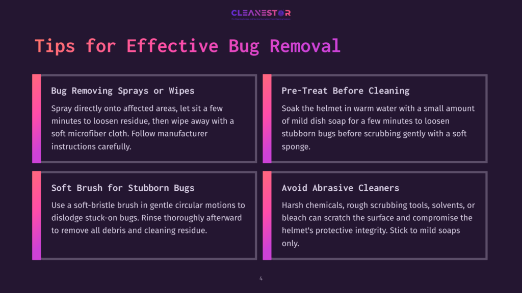 Infographic With Text Titled &Quot;Tips For Effective Bug Removal,&Quot; Featuring Four Sections: &Quot;Bug Removing Sprays Or Wipes,&Quot; &Quot;Pre-Treat Before Cleaning,&Quot; &Quot;Soft Brush For Stubborn Bugs,&Quot; And &Quot;Avoid Abrasive Cleaners,&Quot; With A Cleanestor Logo At The Top.