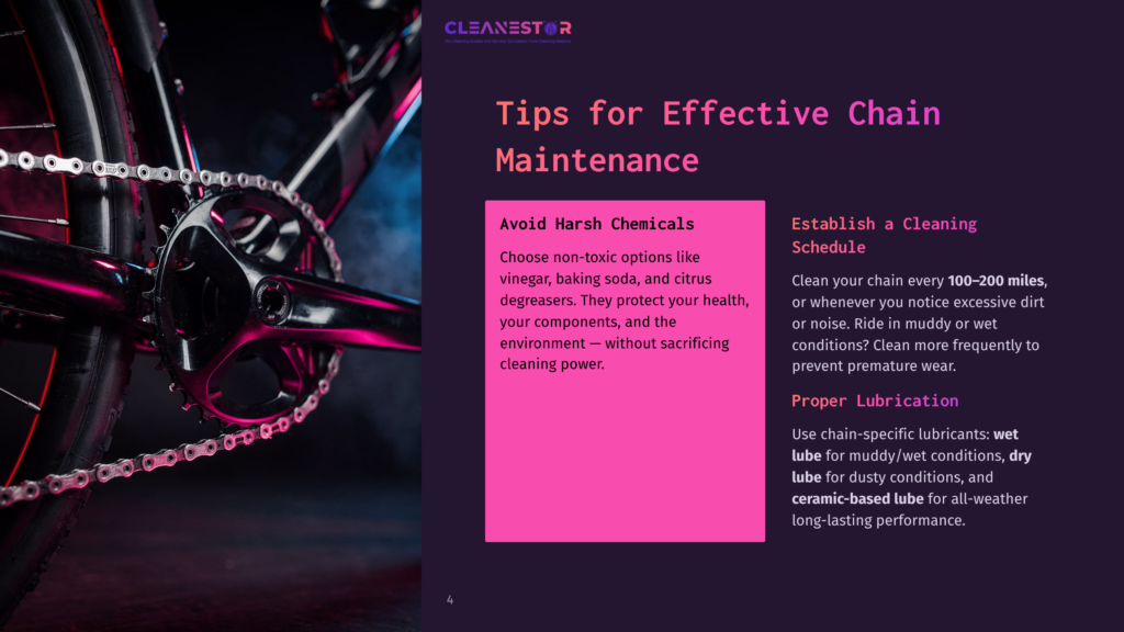 Close-Up Of A Bicycle Chain And Gears, With A Neon Pink And Blue Glow Highlighting The Metal Components. Text Overlay Reads &Quot;Cleanestor&Quot; And &Quot;Tips For Effective Chain Maintenance&Quot;.