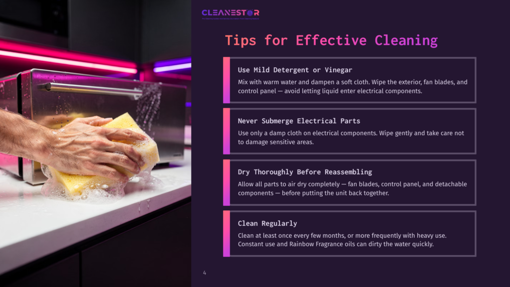A Hand Cleaning A Toaster Oven With A Sponge And Yellow Cleaning Solution, Illuminated By Pink And Blue Neon Lights. A Text Overlay Provides Tips For Effective Cleaning, Including Using Mild Detergent, Avoiding Electrical Parts, And Regular Cleaning.