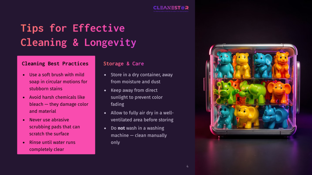A Multi-Tiered Display Case Filled With Colorful, Smiling Elephant And Bear Toys In Shades Of Teal, Yellow, Orange, And Pink. The Toys Are Arranged Neatly On Shelves, With The Display Case Having A Clear Front And Silver Frame.
