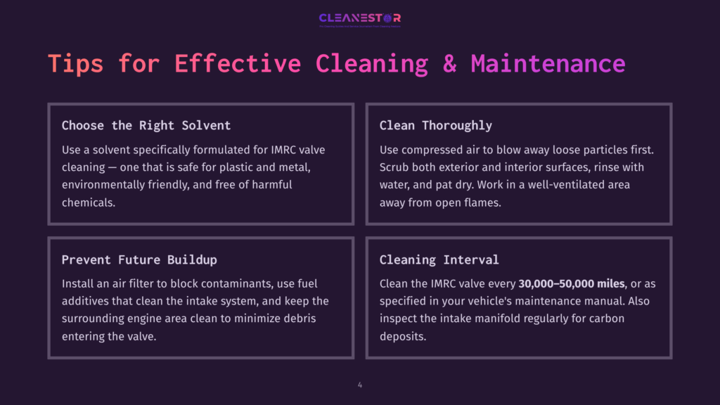 Infographic Titled &Quot;Tips For Effective Cleaning &Amp; Maintenance&Quot; With Four Sections: &Quot;Choose The Right Solvent,&Quot; &Quot;Clean Thoroughly,&Quot; &Quot;Prevent Future Buildup,&Quot; And &Quot;Cleaning Interval,&Quot; Offering Advice For Vehicle Upkeep.