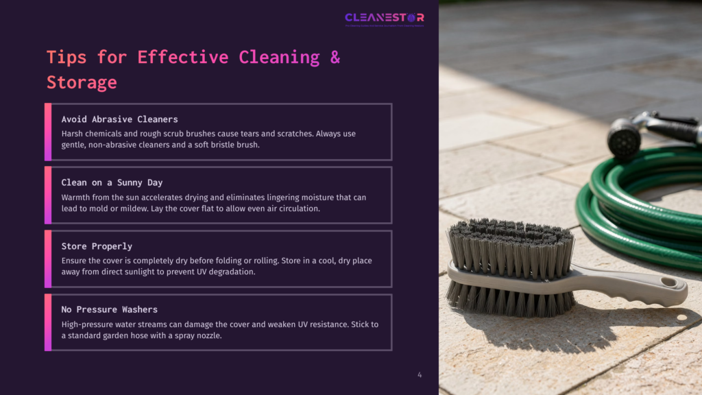 Image Displays Tips For Effective Cleaning And Storage Of Furniture Covers, Featuring A Cleaning Brush And Garden Hose On A Patio.