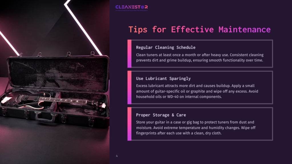 A Black Electric Guitar Rests In An Open, Black Guitar Case. Beside The Case, Text Highlights Tips For Effective Guitar Maintenance, Including Regular Cleaning, Lubricant Sparingly, And Proper Storage &Amp; Care.