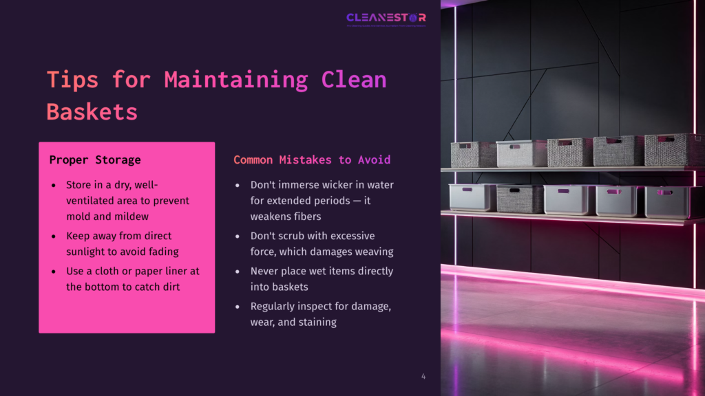 A Modern, Sleek Design With A Dark Background Features A Text Box With Tips For Maintaining Clean Baskets, Including Proper Storage And Common Mistakes To Avoid, Set Against A Backdrop Of Organized Storage Baskets With Pink Lighting.