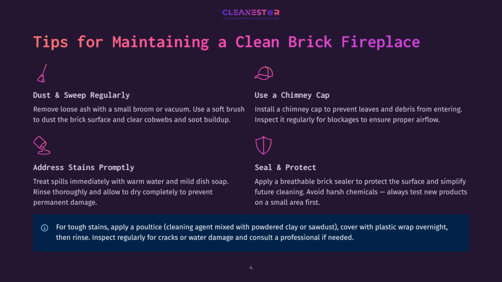 Infographic With &Quot;Cleanestor&Quot; Logo At Top, Detailing Tips For Maintaining A Clean Brick Fireplace. Includes Icons For Sweeping, Chimney Cap, And Sealing. Text Covers Dust Removal, Chimney Cap Installation, And Sealing For Protection.
