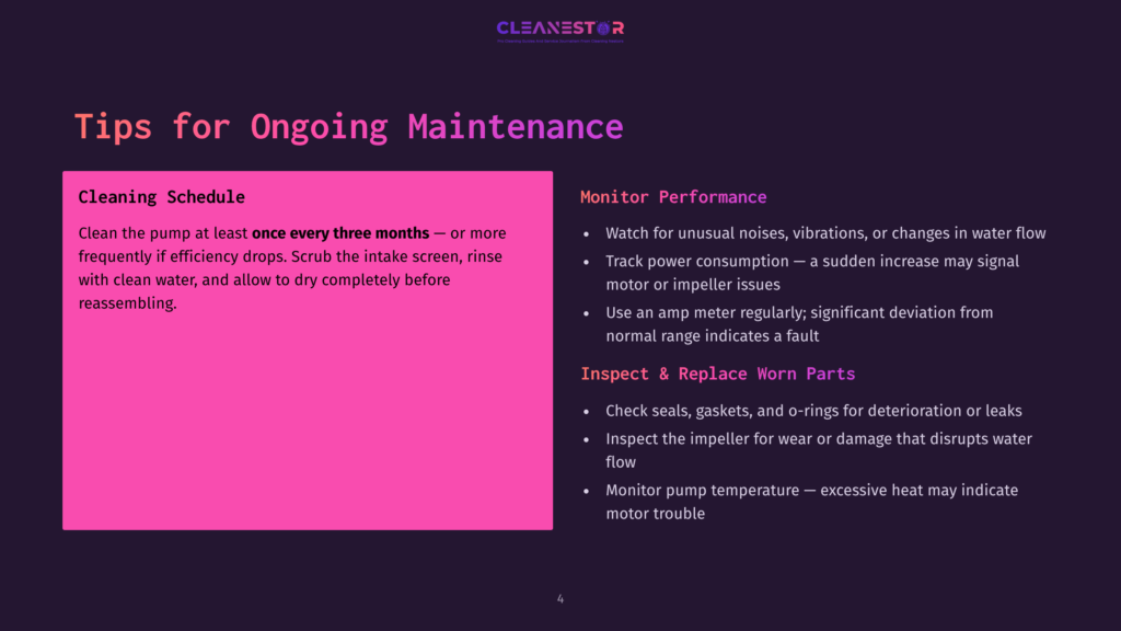 A Dark Purple Slide With The Title &Quot;Tips For Ongoing Maintenance&Quot; In Large White Text. The Slide Details &Quot;Cleaning Schedule&Quot; And &Quot;Monitor Performance&Quot; With Bulleted Lists Of Instructions.