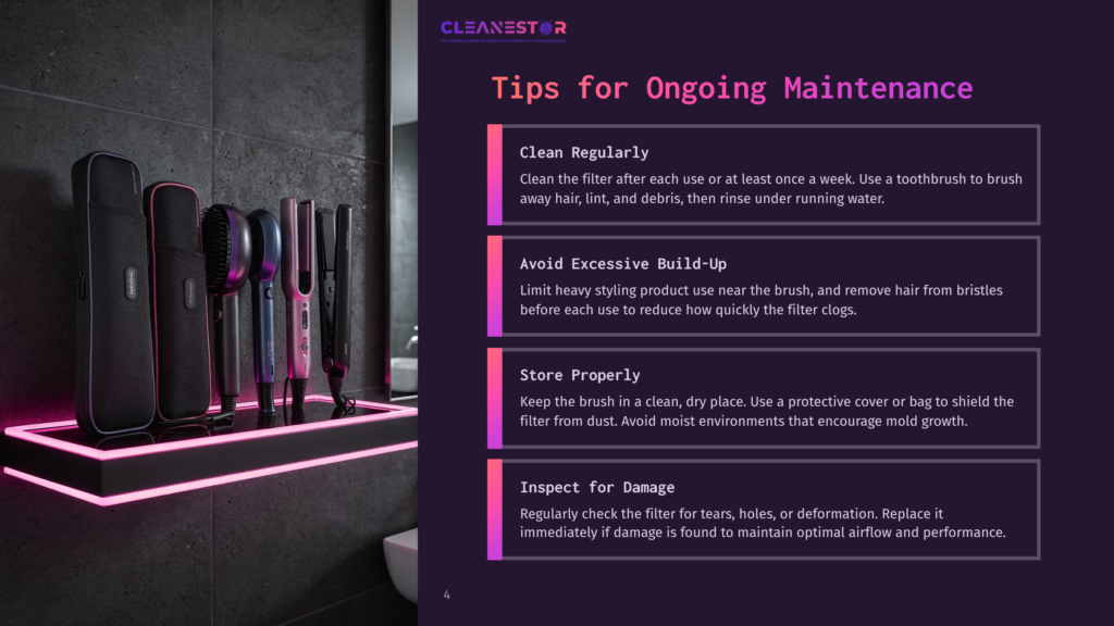Cleanestor Logo And Text &Quot;Tips For Ongoing Maintenance&Quot; With Sections On Cleaning, Avoiding Buildup, Storing Properly, And Inspecting For Damage. A Shelf With Hair Styling Tools Is In The Background.