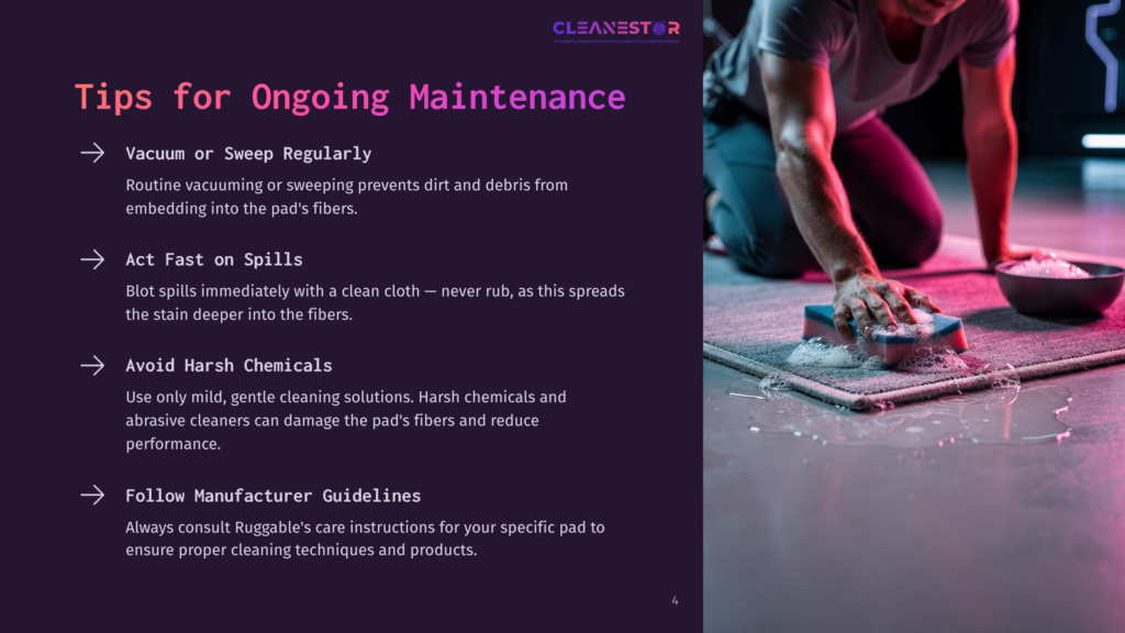A Person'S Hands Are Shown Cleaning A Rug With A Blue Sponge And White Soap Suds. The Text On The Left Side Of The Image Provides Tips For Ongoing Rug Maintenance, Including &Quot;Vacuum Or Sweep Regularly&Quot; And &Quot;Act Fast On Spills.
