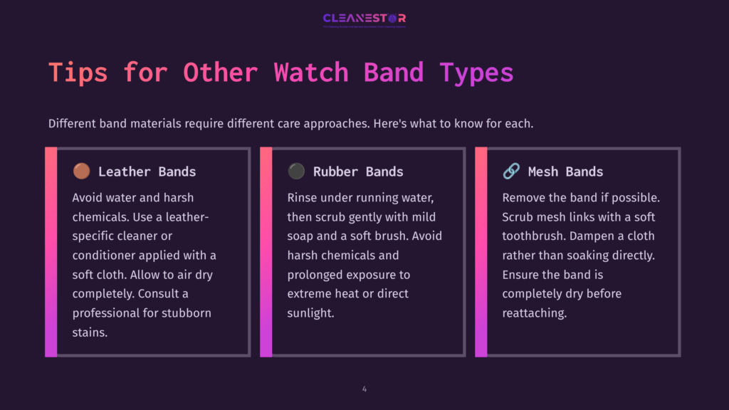 Tips For Cleaning Different Watch Band Types: Leather, Rubber, And Mesh. Each Section Offers Specific Cleaning Advice For Each Material.