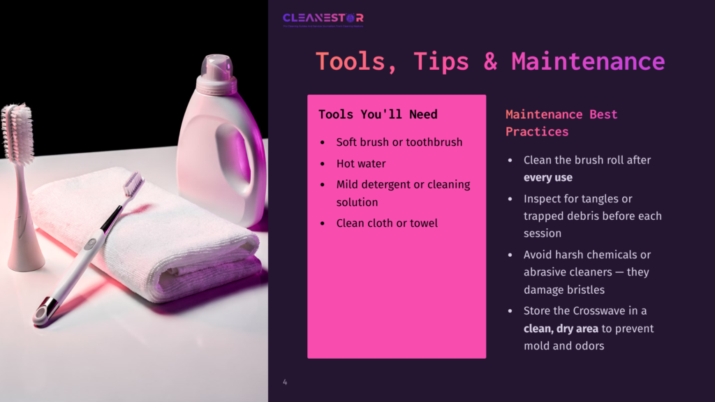 4 Tools Tips And Maintenance A White Cleaning Brush, A Folded White Towel, And A Bottle Of White Cleaning Solution Sit On A White Surface, With A Dark Background. The Image Is Part Of A Presentation Slide With Text About &Quot;Tools, Tips &Amp; Maintenance&Quot; For Cleaning.