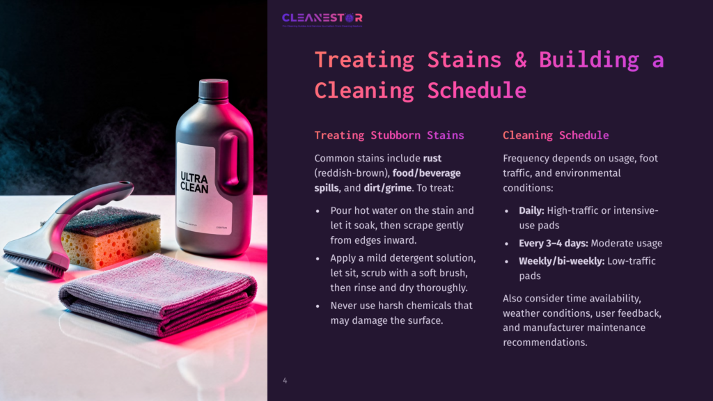 4 Treating Stains And Building A Cleaning Schedule A Bottle Of &Quot;Ultra Clean&Quot; Cleaning Solution Sits Next To A Scrubbing Brush With A Sponge And A Folded Gray Cloth On A Reflective Surface. Steam Or Mist Rises In The Background.