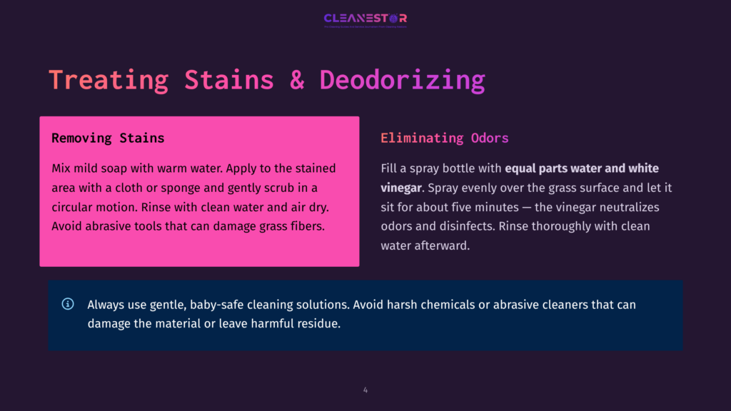 Diagram Detailing How To Treat Stains And Deodorize With Mild Soap And Water For Stains, And A Vinegar And Water Spray For Odors. Includes Safety Tips For Cleaning.