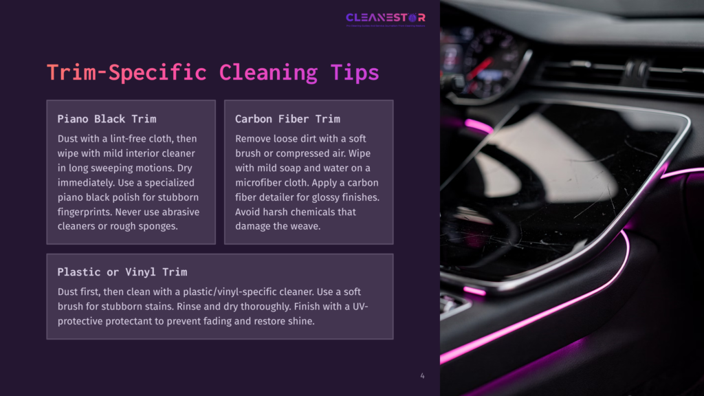 Close-Up Of A Car'S Dashboard With A Cracked Screen And Pink Ambient Lighting. Text Overlays Provide &Quot;Trim-Specific Cleaning Tips&Quot; For &Quot;Piano Black Trim,&Quot; &Quot;Carbon Fiber Trim,&Quot; And &Quot;Plastic Or Vinyl Trim.