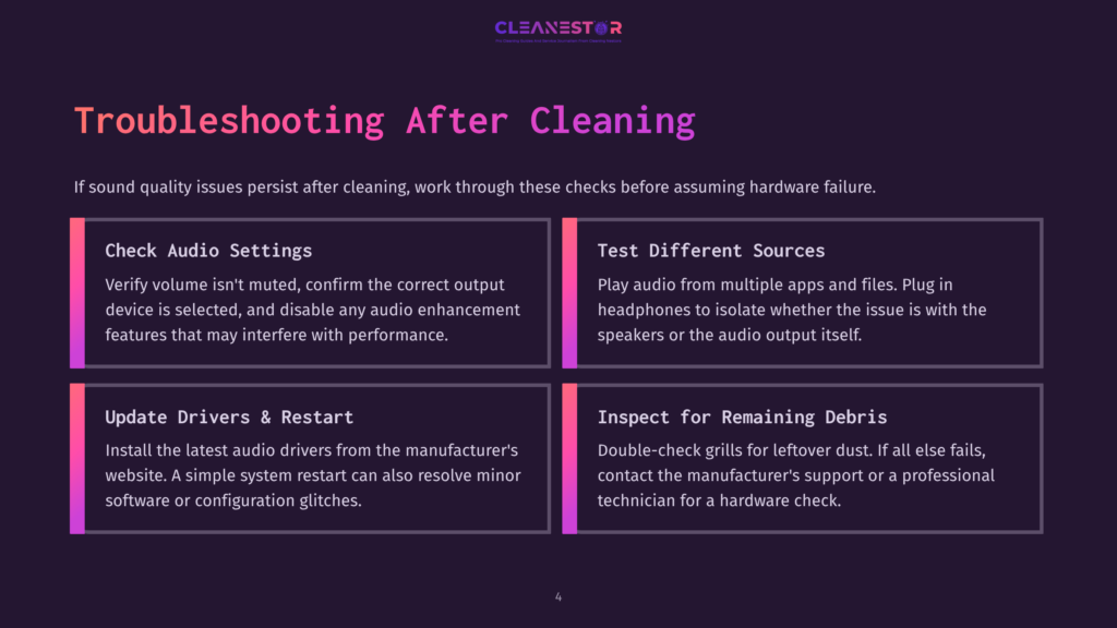 Troubleshooting After Cleaning: A Dark Purple Screen Displays Four Troubleshooting Steps For Audio Issues, Including Checking Audio Settings, Updating Drivers, Testing Different Sources, And Inspecting For Debris.