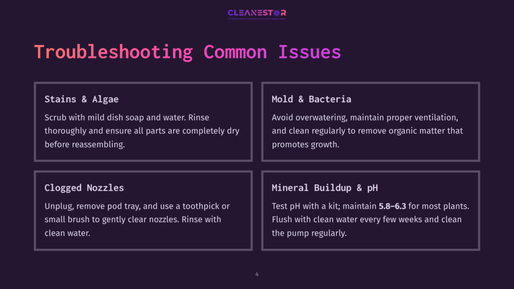 Troubleshooting Common Issues For Cleanestor Devices: Stains &Amp; Algae, Clogged Nozzles, Mold &Amp; Bacteria, And Mineral Buildup &Amp; Ph. Solutions Are Provided For Each Problem.