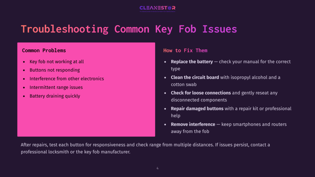 Troubleshooting Common Key Fob Issues: Key Fob Not Working, Buttons Not Responding, Interference, Intermittent Range, Battery Draining, And How To Fix Them By Checking The Battery, Cleaning The Circuit Board, Checking Connections, Repairing Damage, And Removing Interference.