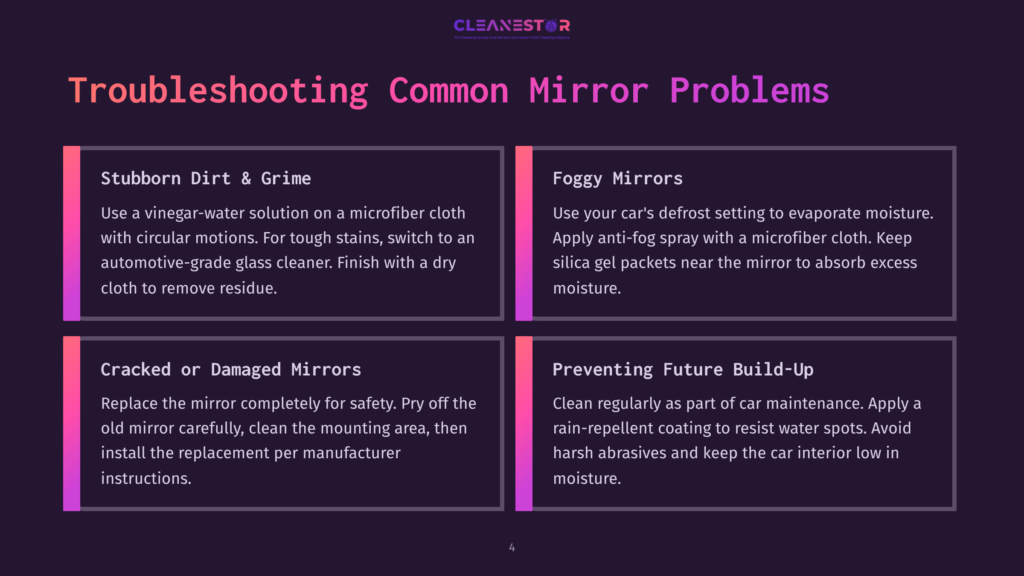 Troubleshooting Common Mirror Problems: Stubborn Dirt &Amp; Grime, Foggy Mirrors, Cracked Or Damaged Mirrors, And Preventing Future Build-Up. Text Details Cleaning Solutions And Maintenance Tips.