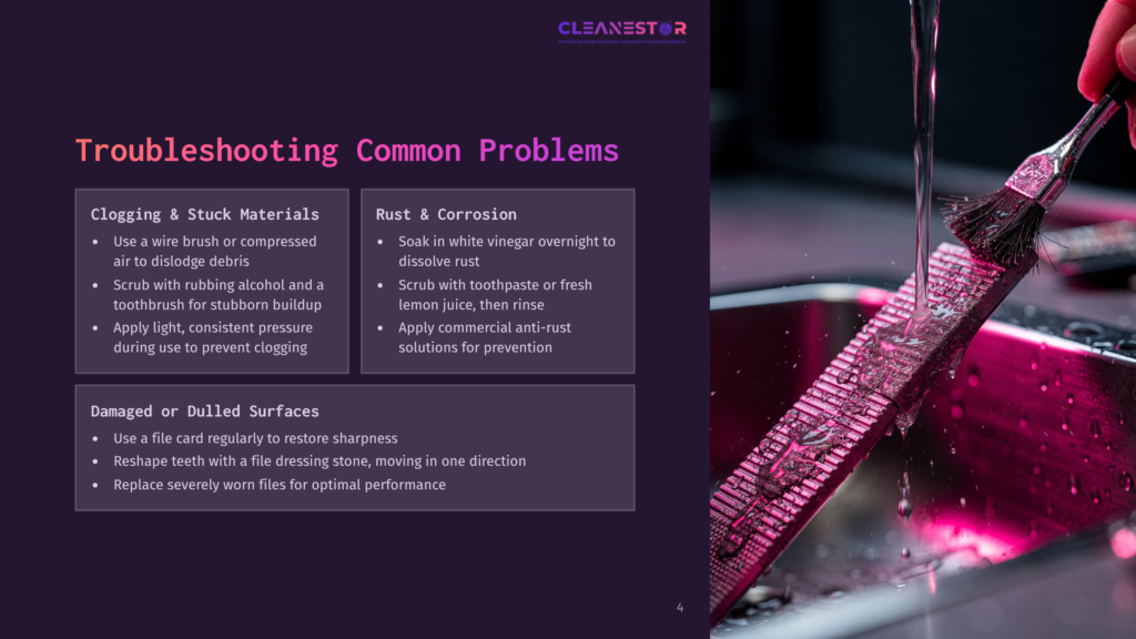 Troubleshooting Common Problems For Cleanestor Products: Clogging &Amp; Stuck Materials, Rust &Amp; Corrosion, And Damaged Or Dulled Surfaces. A Brush Cleans A Circuit Board.