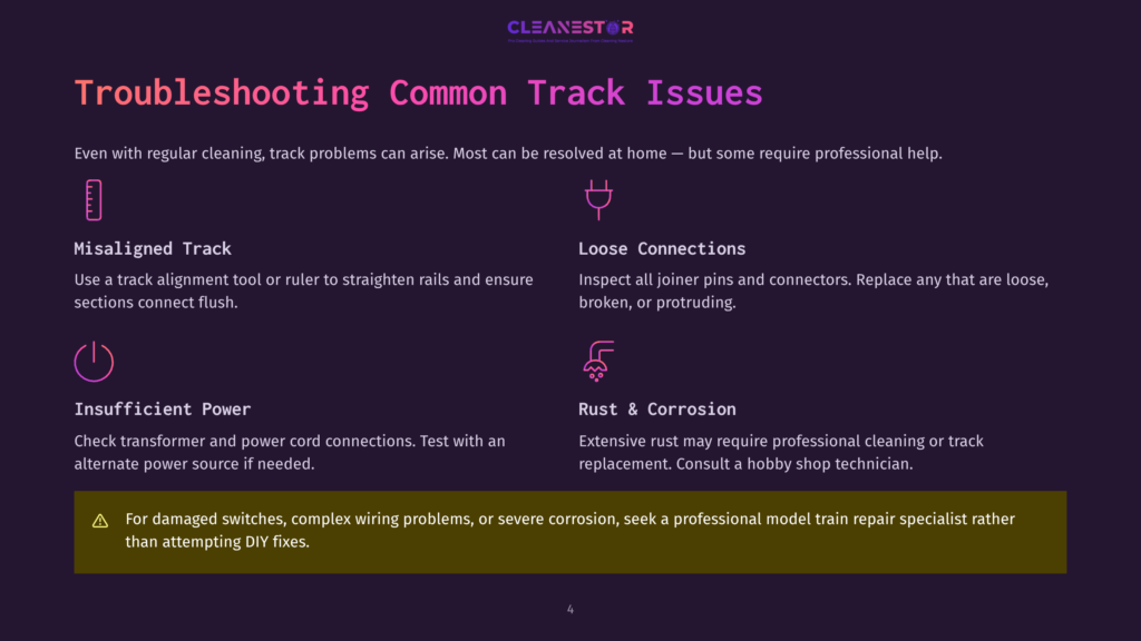 Troubleshooting Common Track Issues: Misaligned Track, Loose Connections, Insufficient Power, Rust &Amp; Corrosion. Warning About Electrical Issues.