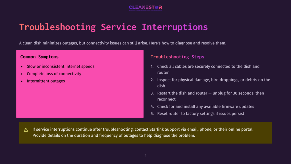 Troubleshooting Service Interruptions: A Slide With &Quot;Cleanestor&Quot; Logo, Listing Common Symptoms Like Slow Internet And Intermittent Outages, And Troubleshooting Steps Including Checking Cables And Restarting The Router.