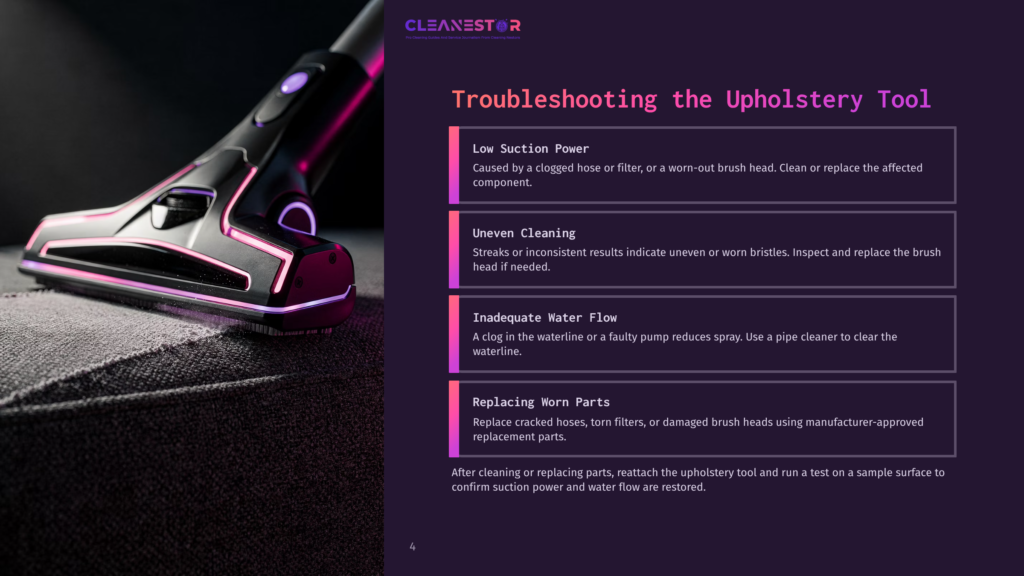 Close-Up Of A Cleanestor Upholstery Tool With Purple Accents, Sitting On Dark Grey Fabric. The Image Includes Troubleshooting Tips For Upholstery Tools, Such As &Quot;Low Suction Power&Quot; And &Quot;Uneven Cleaning.