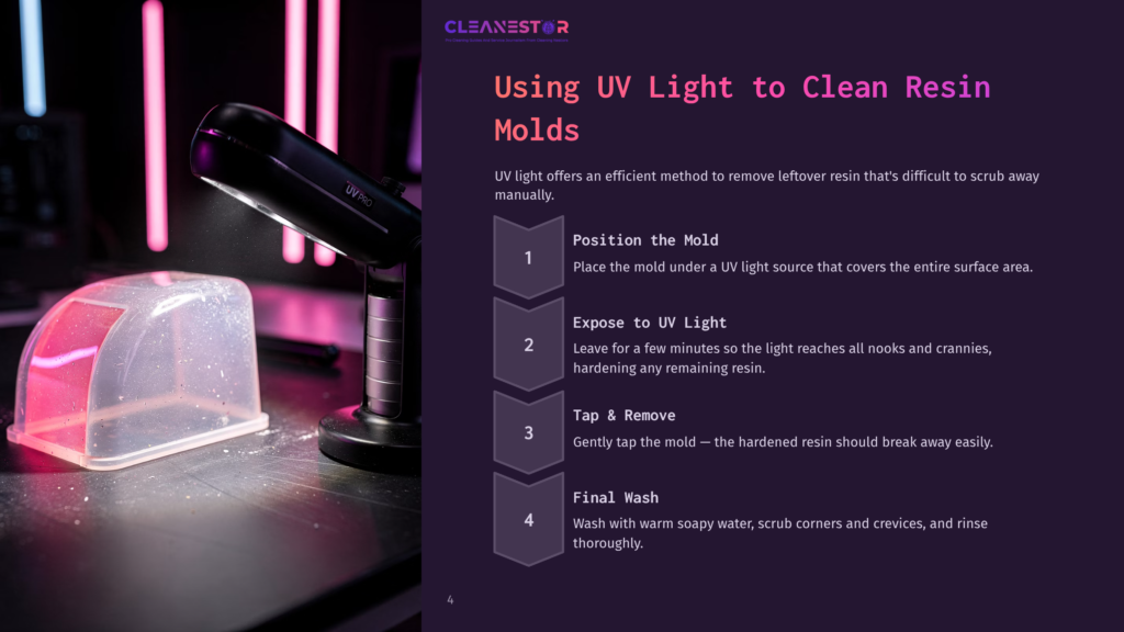 A Uv Light Shines On A Clear Plastic Resin Mold, Illuminating It With Pink And Purple Hues. Text Overlay Describes How To Use Uv Light To Clean Resin Molds, With Steps Like &Quot;Position The Mold,&Quot; &Quot;Expose To Uv Light,&Quot; &Quot;Tap &Amp; Remove,&Quot; And &Quot;Final Wash.