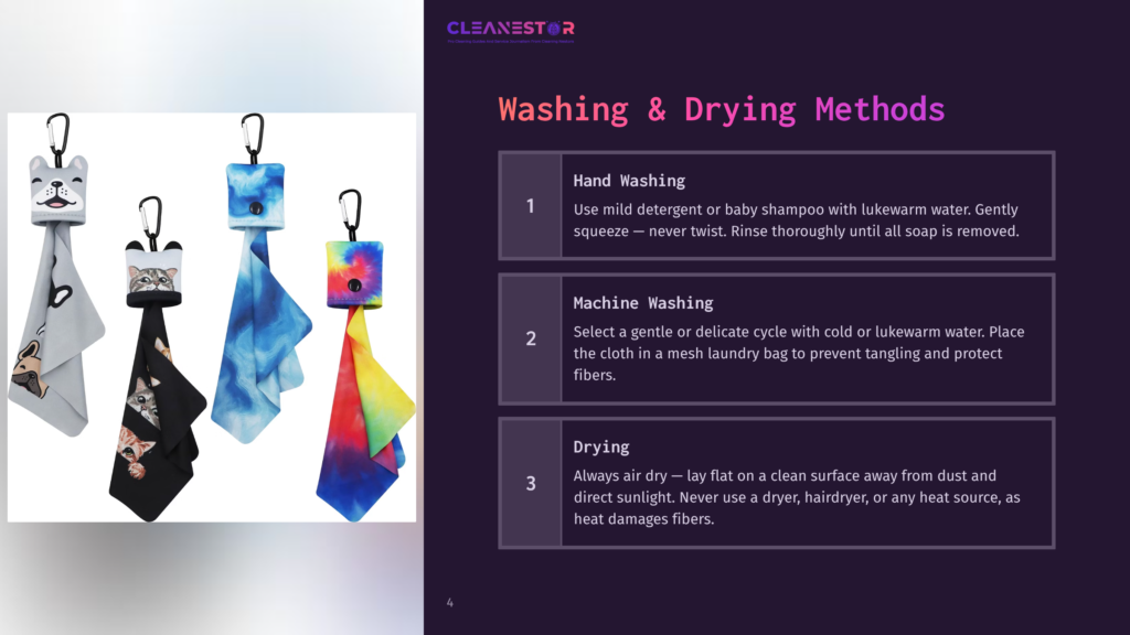 Four Microfiber Cleaning Cloths With Carabiner Clips Hang On Display: Two With Cartoon Animal Faces (Dog And Cat), And Two With Colorful Tie-Dye Patterns. The Image Is Part Of A &Quot;Washing &Amp; Drying Methods&Quot; Guide By Cleanestor.