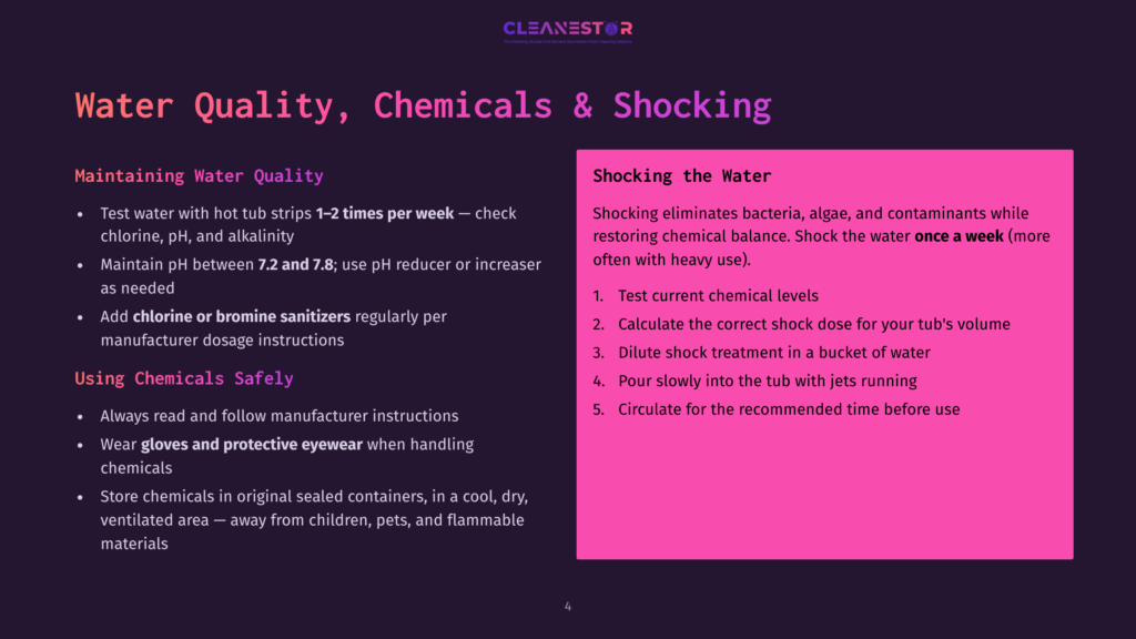 4 Water Quality Chemicals And Shocking An Infographic About Water Quality, Chemicals, And Shocking, With Two Main Sections Labeled &Quot;Maintaining Water Quality&Quot; And &Quot;Shocking The Water.&Quot; The First Section Includes Guidelines On Testing Water With Hot Tub Strips And Maintaining Ph Levels. The Second Section Outlines Steps For Shocking The Water To Eliminate Bacteria And Algae.