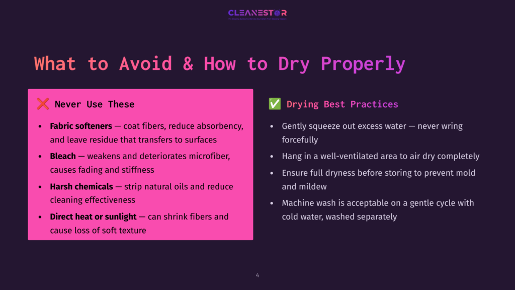 A Pink And White Infographic Displays &Quot;What To Avoid &Amp; How To Dry Properly.&Quot; On The Left, A List Highlights &Quot;Never Use These: Fabric Softeners, Bleach, Harsh Chemicals, Direct Heat Or Sunlight.&Quot; On The Right, A List Of &Quot;Drying Best Practices&Quot; Includes &Quot;Gently Squeeze Out Excess Water, Hang In A Well-Ventilated Area, Ensure Full Dryness Before Storing, Machine Wash On A Gentle Cycle.