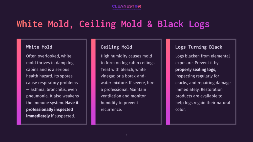 A Dark Purple Background With Three Vertical Rectangular Panels Detailing Information About White Mold, Ceiling Mold, And Black Logs. The Panels Have White Text And Some Colored Accents.