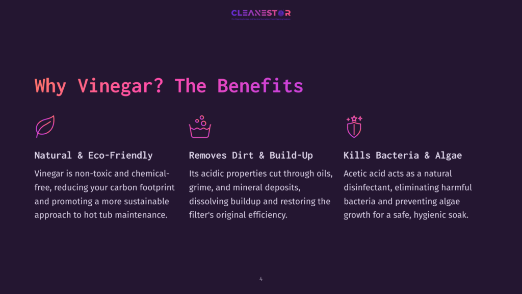 4 Why Vinegar The Benefits Why Vinegar? The Benefits&Quot; Title With Three Icon Sections: Natural &Amp; Eco-Friendly, Removes Dirt &Amp; Build-Up, And Kills Bacteria &Amp; Algae, Detailing Vinegar'S Cleaning Properties.