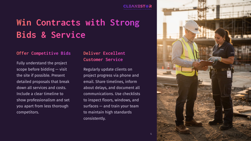 4 Win Contracts With Strong Bids And Service 1 Two Construction Workers Review Documents At A Site With Heavy Machinery And Unfinished Buildings In The Background. Text Overlay: &Quot;Cleanestor. Win Contracts With Strong Bids &Amp; Service. Offer Competitive Bids. Deliver Excellent Customer Service.