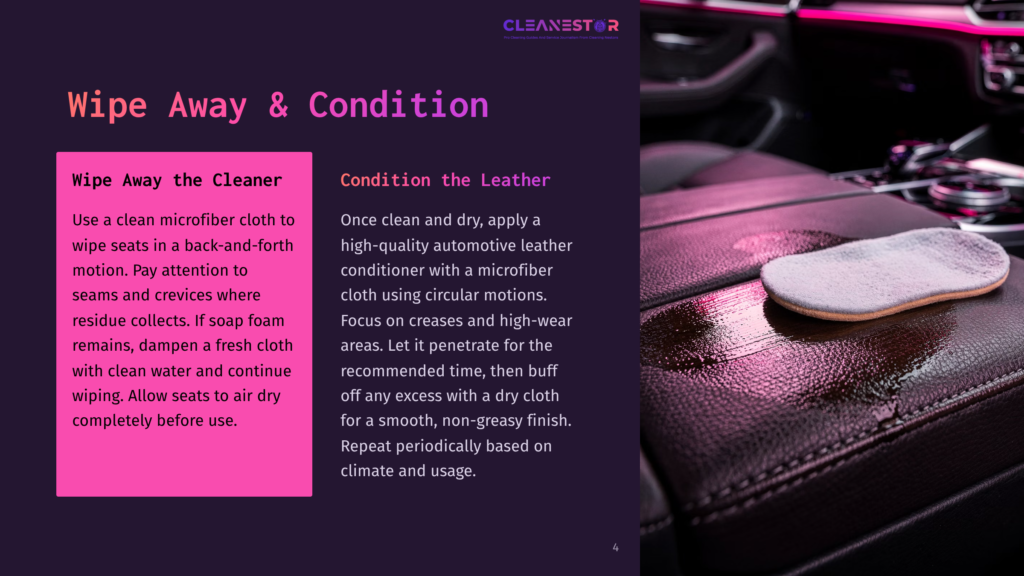 Close-Up Of A Car Seat Being Cleaned And Conditioned With A Microfiber Cloth. The Text &Quot;Wipe Away &Amp; Condition&Quot; Is Visible.