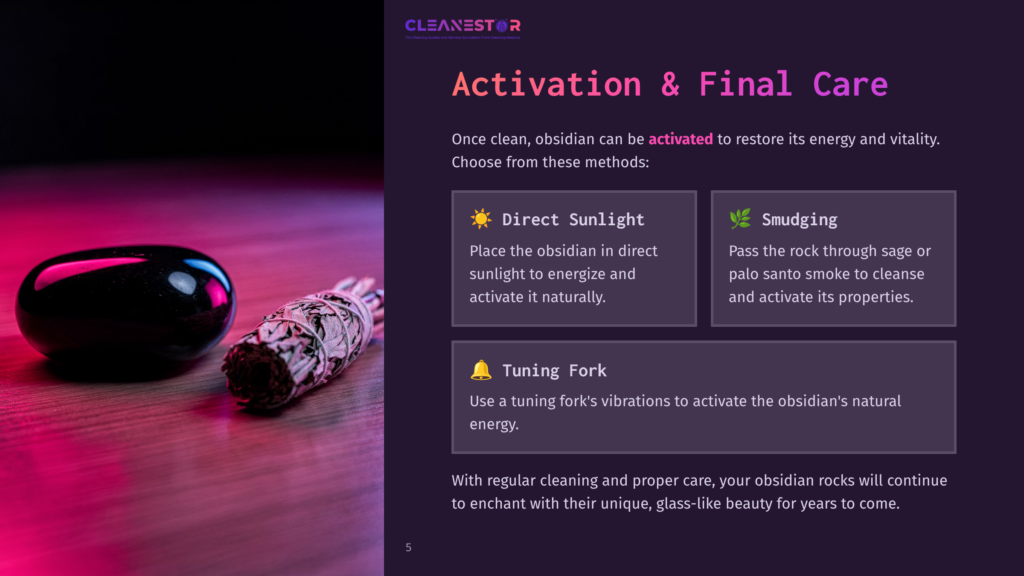 5 Activation And Final Care A Polished Black Obsidian Stone And A Bundle Of Sage Are Displayed On A Dark Background, With Text Overlay Indicating &Quot;Activation &Amp; Final Care&Quot; Methods Like &Quot;Direct Sunlight&Quot; And &Quot;Smudging.