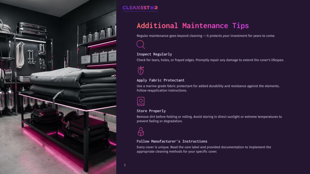 Cleanestor Logo And &Quot;Additional Maintenance Tips&Quot; Text On A Dark Background, With Icons For Inspection, Fabric Protectant, Storage, And Manufacturer Instructions.