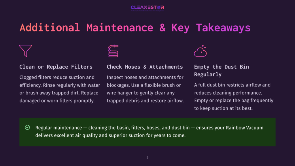 Graphic With Text: &Quot;Additional Maintenance &Amp; Key Takeaways&Quot; And Icons For Cleaning Filters, Checking Hoses, And Emptying The Dust Bin, With A Checklist Item About Regular Maintenance For Rainbow Vacuum.