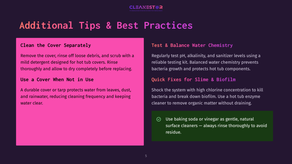Hot Tub Maintenance Tips: &Quot;Clean The Cover Separately&Quot; And &Quot;Use A Cover When Not In Use&Quot; On A Pink Background, With &Quot;Test &Amp; Balance Water Chemistry&Quot; And &Quot;Quick Fixes For Slime &Amp; Biofilm&Quot; On A Dark Purple Background With Green Text.