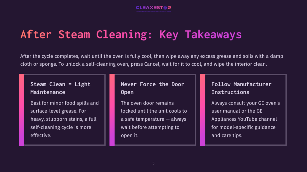 5 After Steam Cleaning Key Takeaways Three Panels With Text About Steam Cleaning An Oven. The Left Panel Reads &Quot;Steam Clean = Light Maintenance&Quot;, The Middle Panel Reads &Quot;Never Force The Door Open&Quot;, And The Right Panel Reads &Quot;Follow Manufacturer Instructions&Quot;.
