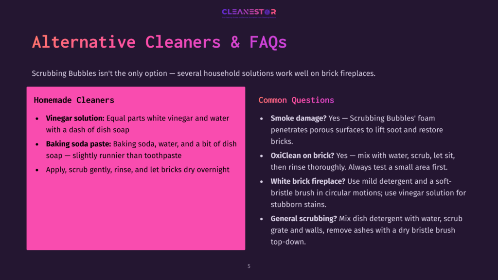 A Pink Slide With Text About Homemade Cleaners And Common Questions For Brick Fireplaces. Homemade Cleaner Recipes Include Vinegar Solution And Baking Soda Paste. Common Questions Cover Smoke Damage And Cleaning White Brick Fireplaces.