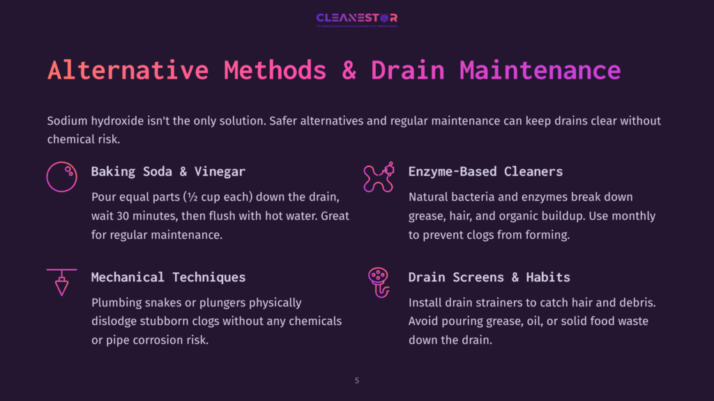 Cleanestor Graphic Listing Alternative Drain Cleaning Methods: Baking Soda &Amp; Vinegar, Enzyme-Based Cleaners, Mechanical Techniques, And Drain Screens &Amp; Habits.