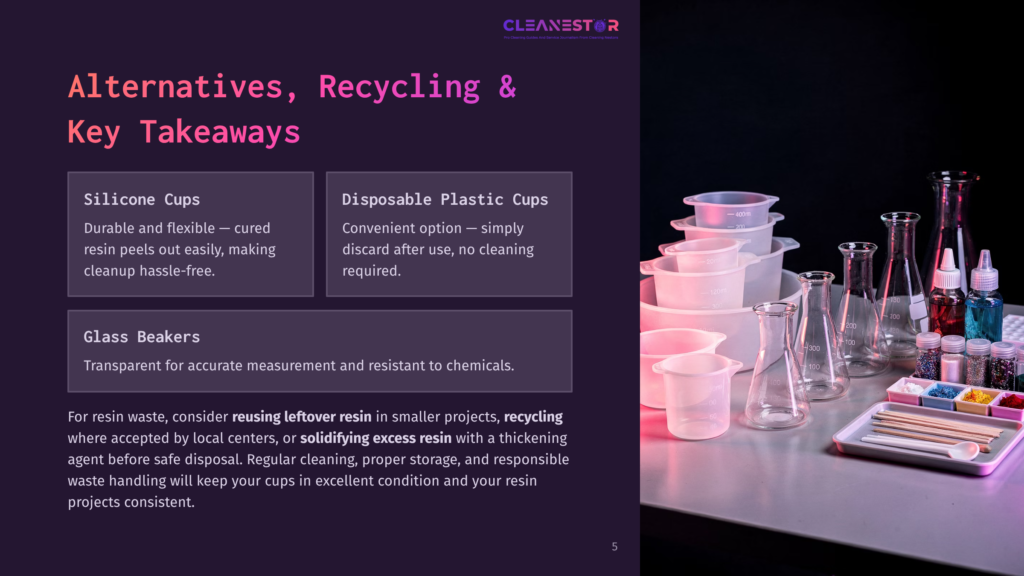 5 Alternatives Recycling And Key Takeaways Cleanestor Logo Above Text Discussing Alternatives, Recycling, And Key Takeaways For Silicone Cups And Disposable Plastic Cups, With A Background Image Of Glass Beakers And Lab Equipment.