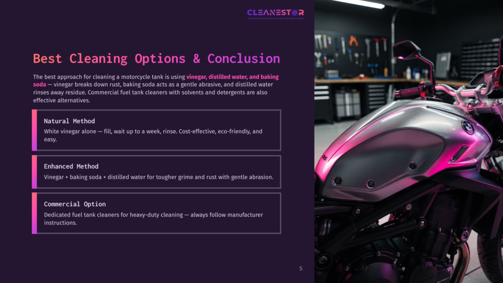 5 Best Cleaning Options And Conclusion A Motorcycle Tank Cleaning Options Infographic Featuring A Sleek Bmw Motorcycle With A Metallic Silver And Pink Color Scheme In A Workshop Setting.