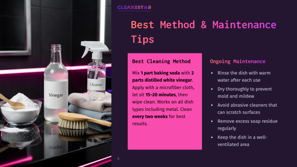 5 Best Method And Maintenance Tips A Cleaning Scene With Bottles Of Vinegar And Baking Soda, Microfiber Cloths, And A Brush. Text Overlay Reads &Quot;Cleanestor&Quot; And &Quot;Best Method &Amp; Maintenance Tips&Quot; With Cleaning Instructions.