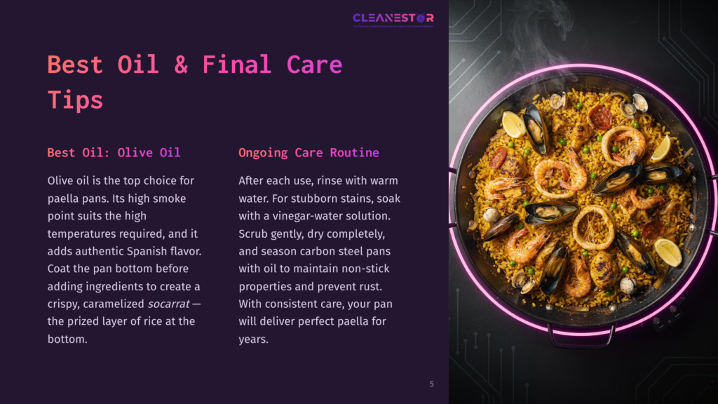 5 Best Oil And Final Care Tips A Close-Up, Overhead View Of A Large, Round Paella Pan Filled With A Vibrant Seafood Paella, Glistening With Olive Oil. The Dish Features Golden Rice, Mussels, Calamari Rings, And Chorizo Slices, With A Bright Yellow Lemon Wedge On Top.
