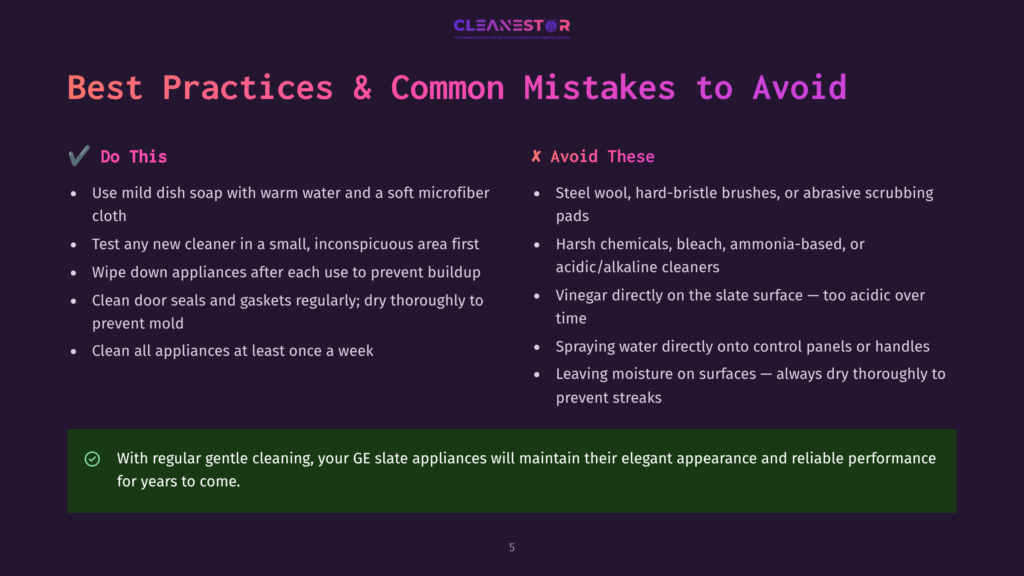 Infographic With &Quot;Best Practices &Amp; Common Mistakes To Avoid&Quot; Title, Detailing &Quot;Do This&Quot; And &Quot;Avoid These&Quot; For Cleaning Ge Slate Appliances, With A Green Checkmark And Red X Icons.