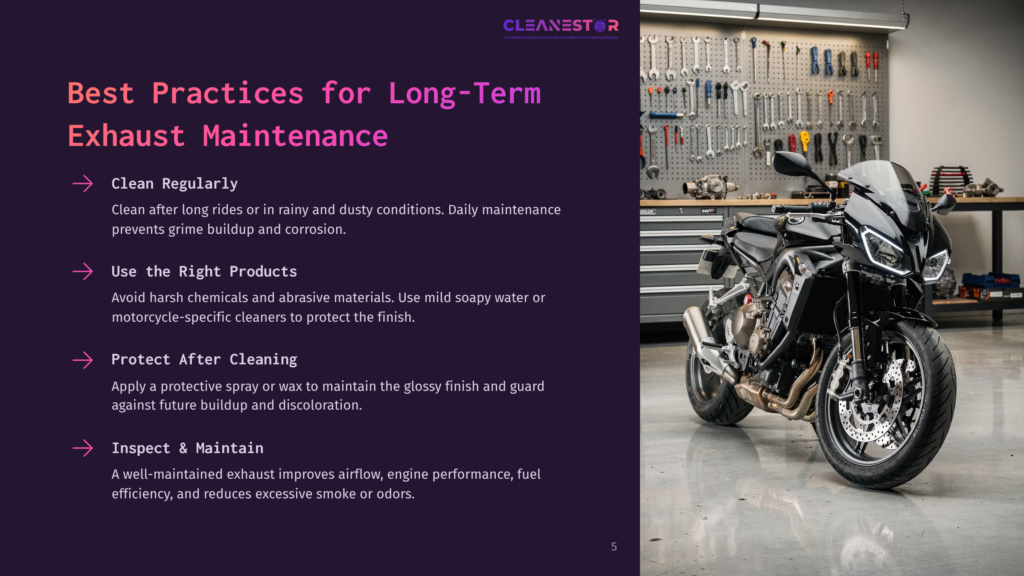 5 Best Practices For Long Term Exhaust Maintenance A Black Motorcycle Is Parked In Front Of A Wall Of Tools, With Text Overlay That Reads &Quot;Cleanestor&Quot; And &Quot;Best Practices For Long-Term Exhaust Maintenance&Quot;.