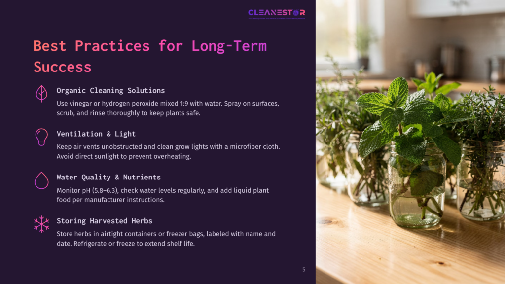 A Close-Up Shot Of Fresh Mint And Thyme Herbs In Glass Jars On A Wooden Table, With A Blurred Kitchen Background. The Text &Quot;Cleanestor&Quot; Is Visible In The Upper Right Corner.
